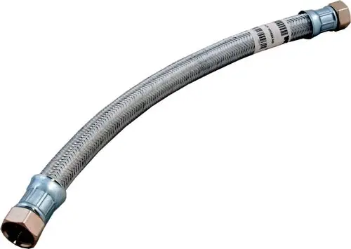 Flexibler Schlauch mit zwei Überwurfmuttern, aus Metall, geeignet für verschiedene Anschlüsse. Marke Wolf erkennbar auf dem Produkt.